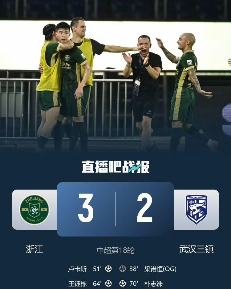 中超第18轮，浙江主场3-2绝杀三镇！绍尔造梁诺恒乌龙，卢卡斯、王钰栋进球反超，