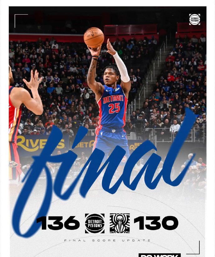 北京时间3月24日，NBA常规赛活塞主场136-130险胜鹈鹕，完成赛季双杀。活