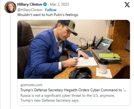 美国防长赫格塞斯与希拉里的争论升级，前者发布后者与拉夫罗夫的合影
华盛顿时间20