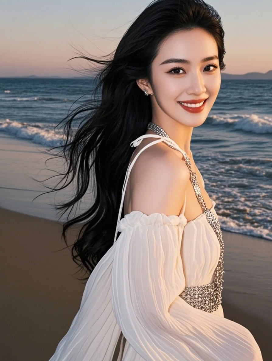 她走入熔金的海，裙角燃烧着晚霞