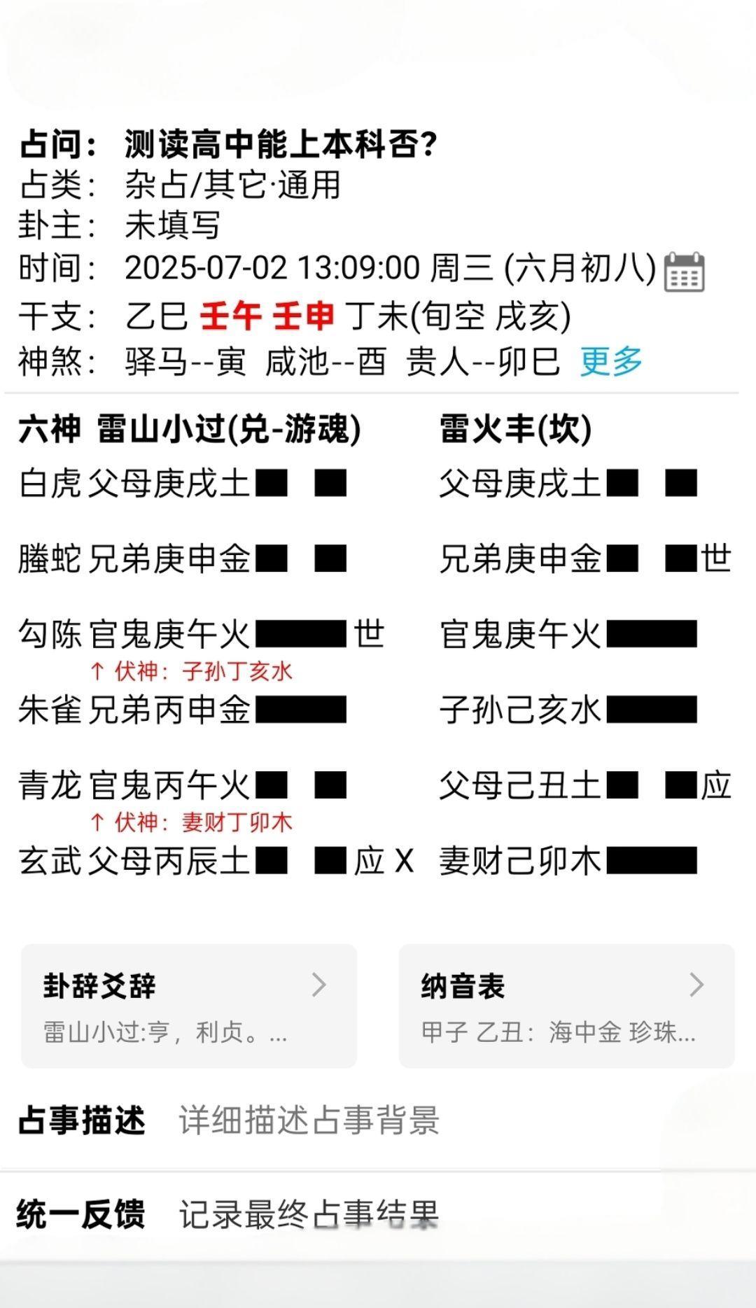 网友测读高中能上本抖否？壬午月壬申日摇卦得雷山小过变雷火丰，初六爻动。
A，金榜