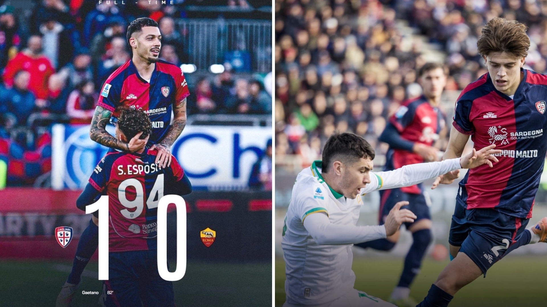 意甲：十人罗马0-1负于卡利亚里，27分排名联赛第4位。
切利克直红，盖塔诺打入