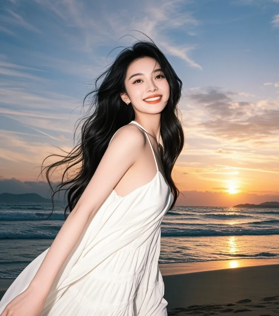 白裙如初雪，长发如暮色，相遇在黄昏的海岸