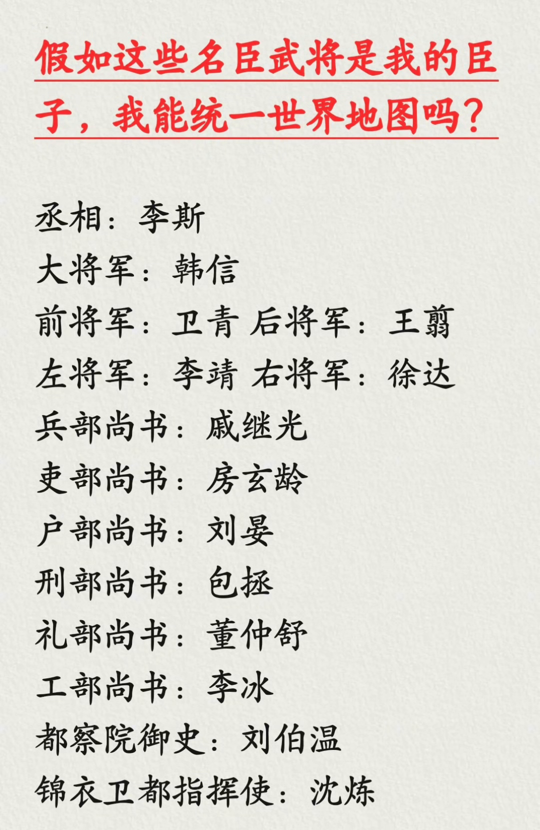 假如这些名臣武将是我的臣子，我能统一世界地图吗？