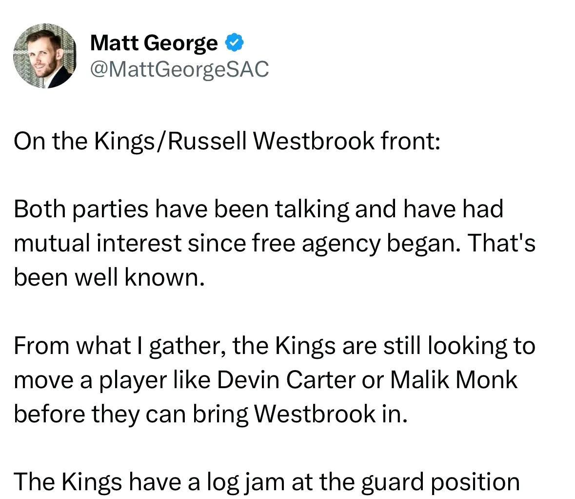 国王记者Matt George：关于国王队和拉塞尔-威斯布鲁克的动态：
自自由球