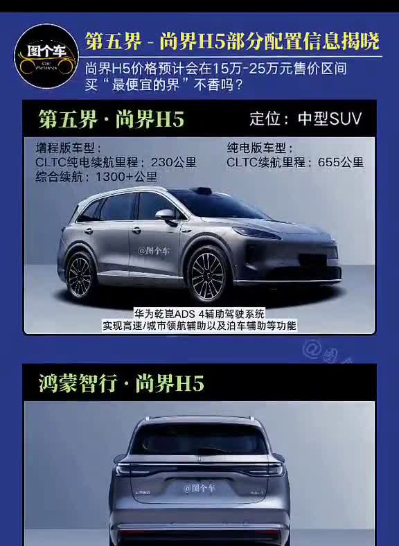 鸿蒙智行·尚界H5，第五界-尚界H5部分配置信息揭晓。
倒个车。
尚界H5价