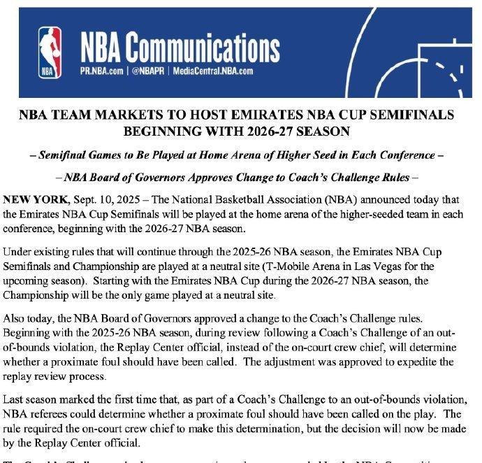 NBA官方今天发布公告，下赛季NBA杯半决赛将不再在拉斯维加斯的中立场地举行，而