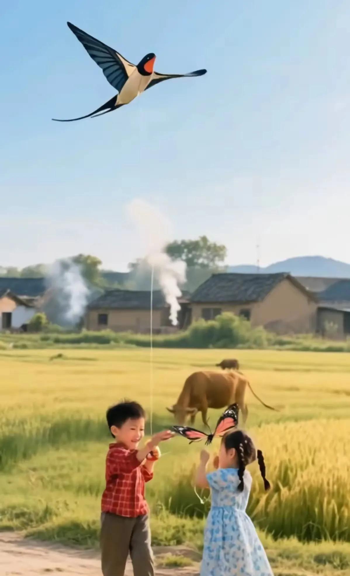 七绝·乡村景象
文/方立新
儿童快乐放风筝，
瓦屋炊烟漫盛情。
稻谷金黄牛吃草，