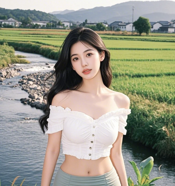 霞光漫染半江红，河畔佳人醉晚风