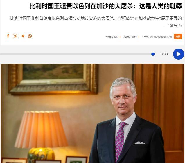 日前比利时国王菲利普谴责以色列军队在巴勒斯坦加沙地带实施的大屠杀，将其称为人类的