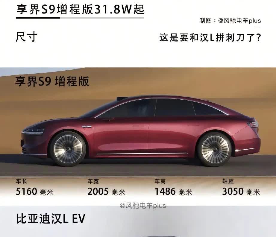 上边是31.8万的华为享界S9 增程版，下边是27万的比亚迪汉L EV。这外观质