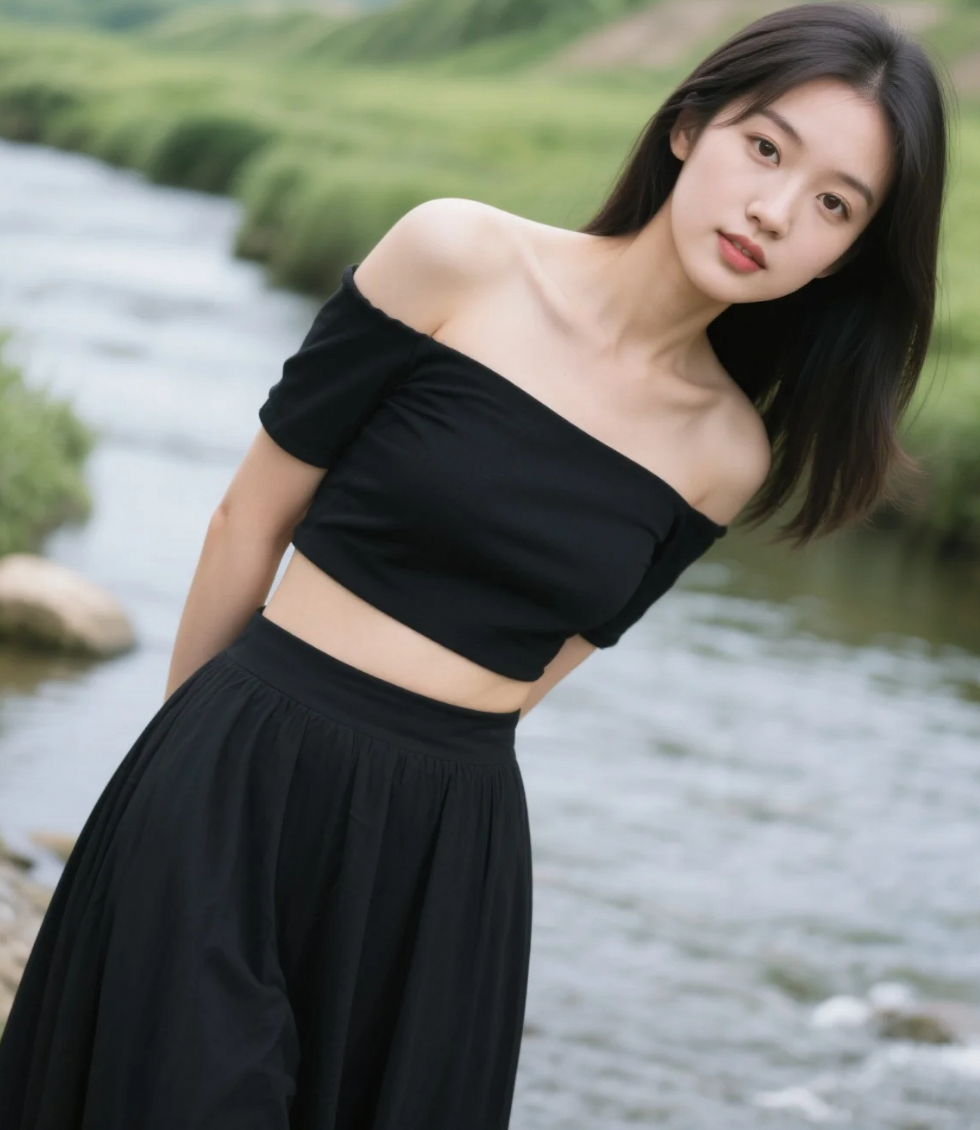 河畔特写呈现，仙姿仙子，身姿轻盈，一颦一笑尽显迷人风情