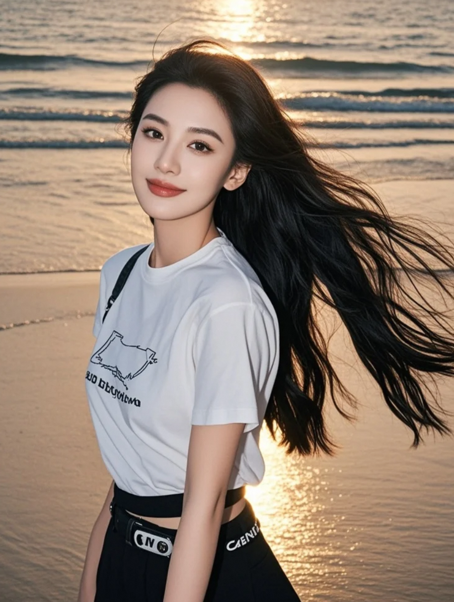 她走在落日余晖里，发丝如金