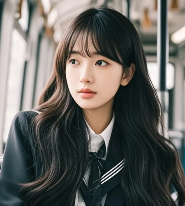 她站在车窗边，像是从画中走出的少女