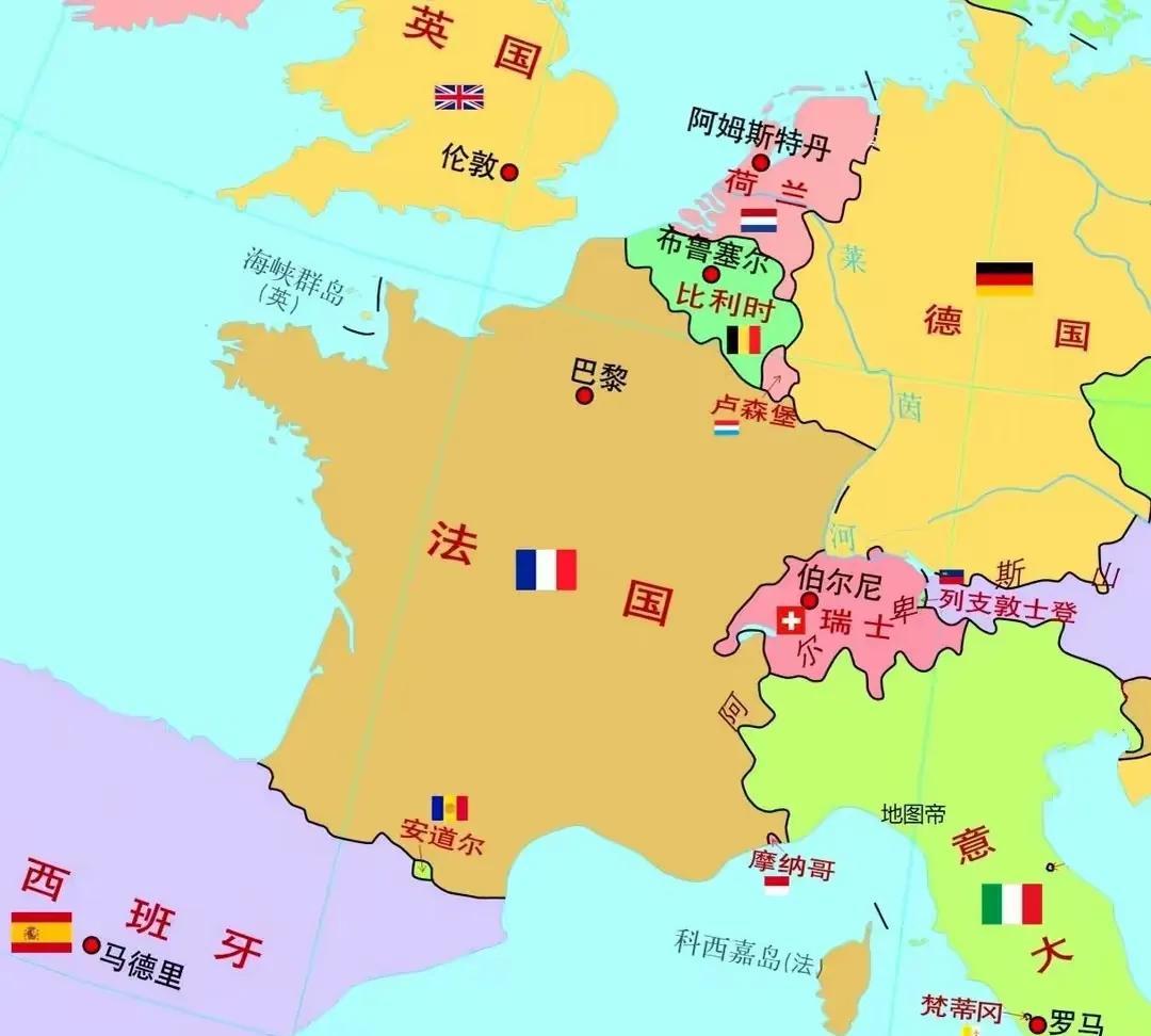 法国位于欧洲西部。国土面积为55万平方千米，法国正面的在欧洲来说也是一个大国。法
