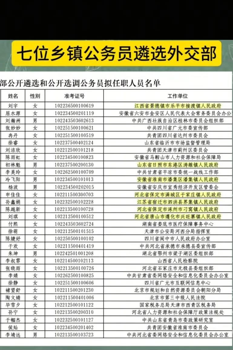 太厉害！外交部拟录多人，其中7人来自乡镇，从乡镇镇长遴选到外交部！
特别佩服遴选