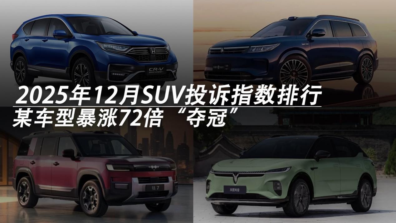 2025年12月SUV投诉指数排行：某车型暴涨72倍“夺冠”