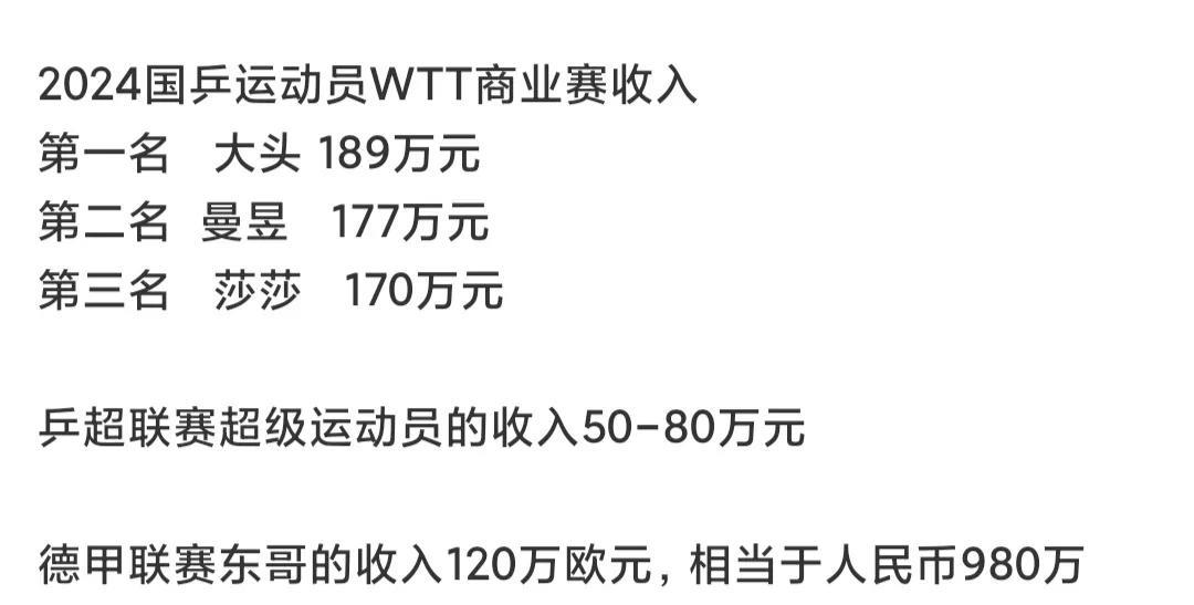 2024国乒运动员WTT商业赛收入
第一名   大头 189万元
第二名  曼昱