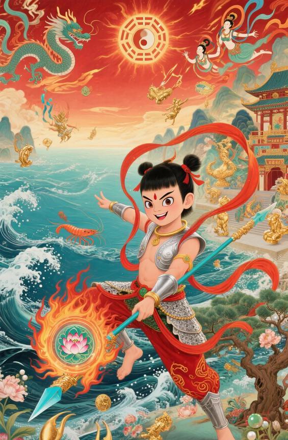 哪吒闹海震八方，乾坤圈响降凶殃。哪吒闹海浪滔滔，混天绫舞妖邪逃。
风火轮飞金光耀