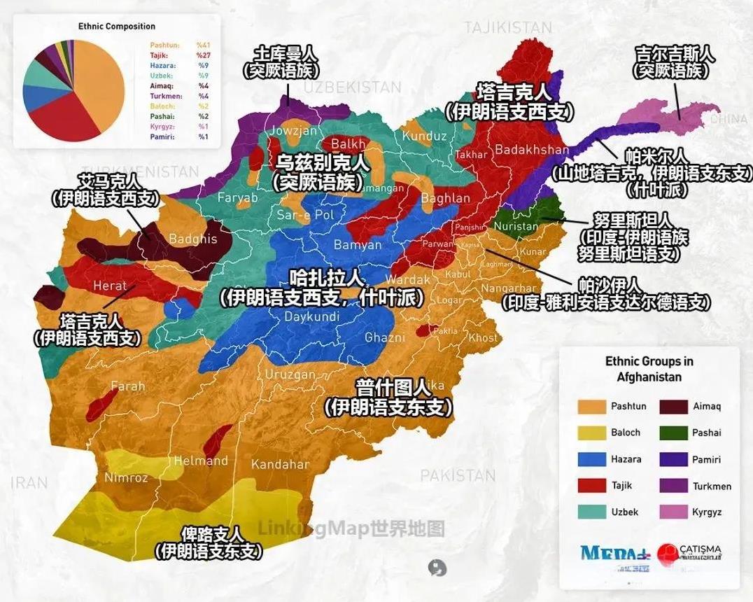 阿富汗民族分布地图。阿富汗境内民族众多，分布地带犬牙交错，没有明显的主体民族，人