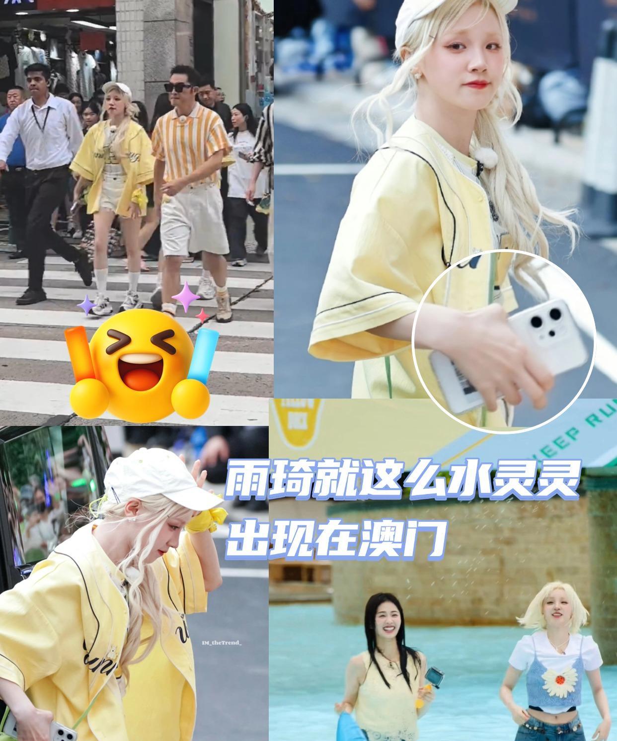 白色鸭舌帽+浅金发色，搭配浅黄色外套，以及绿色的青蛙斜挎包，
一整个青春气息拉满