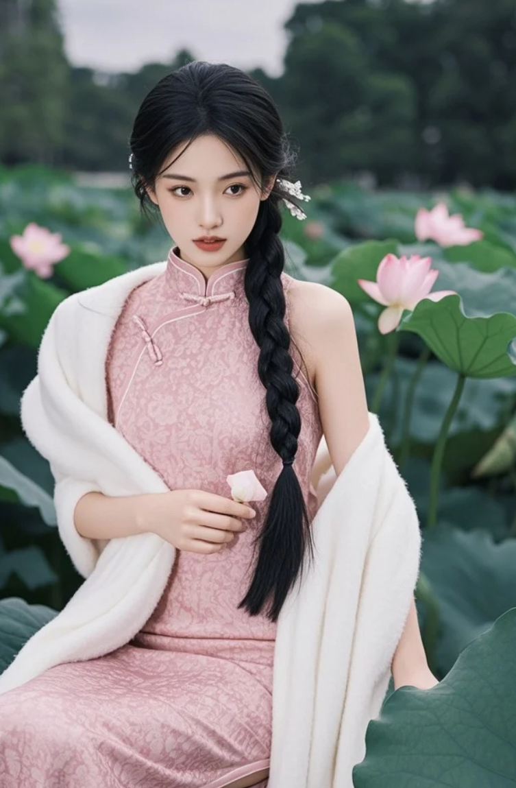 她在荷塘边回眸，仿佛时光都静止了