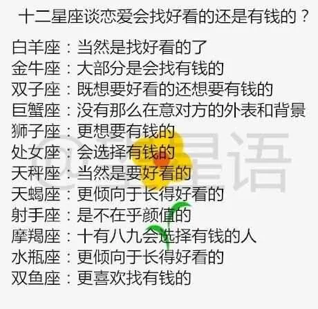 12星座谈恋爱会找好看的，还是有钱的？