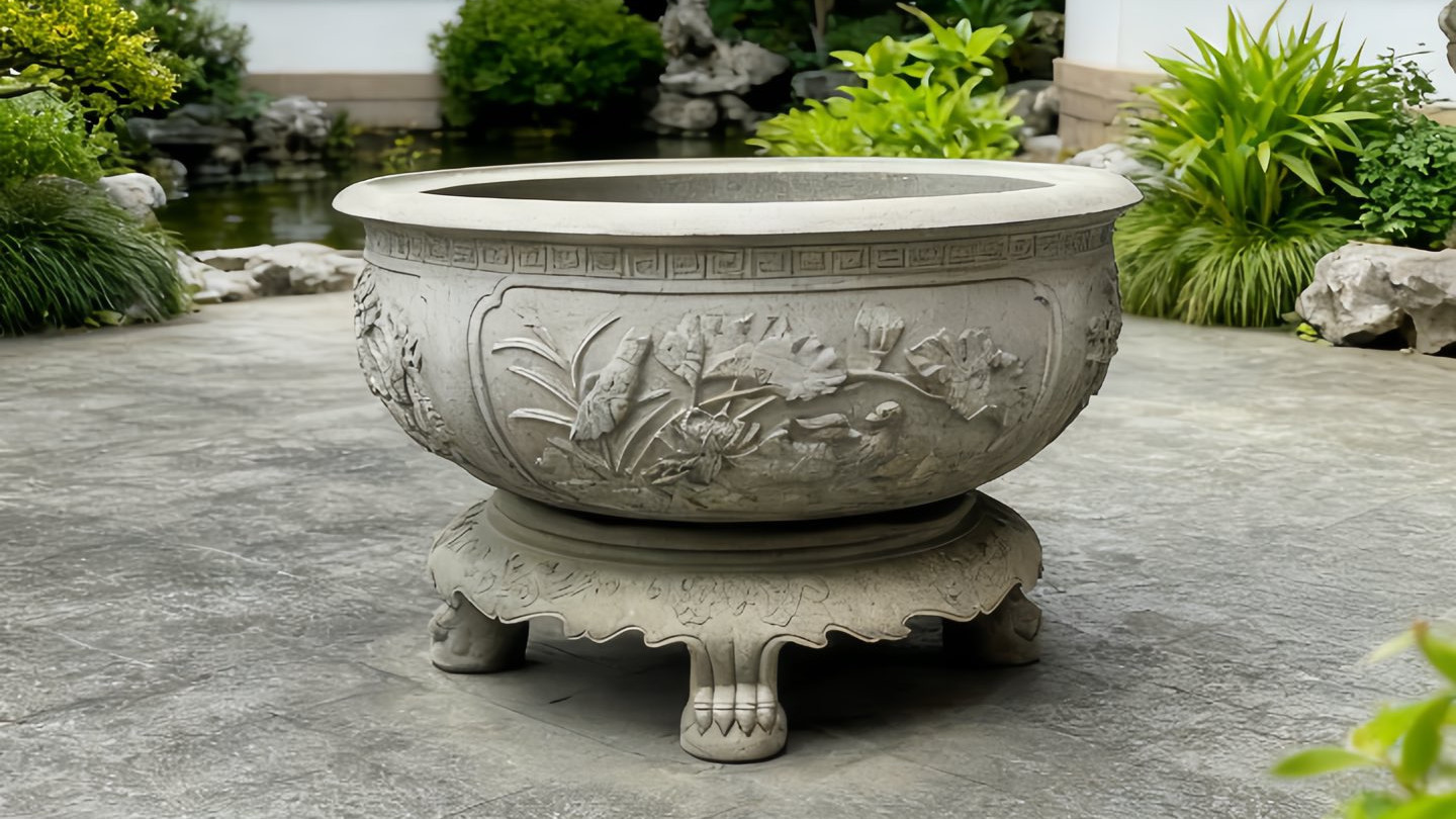 苏式园林的庭院陈设瑰宝，四季花鸟青石缸