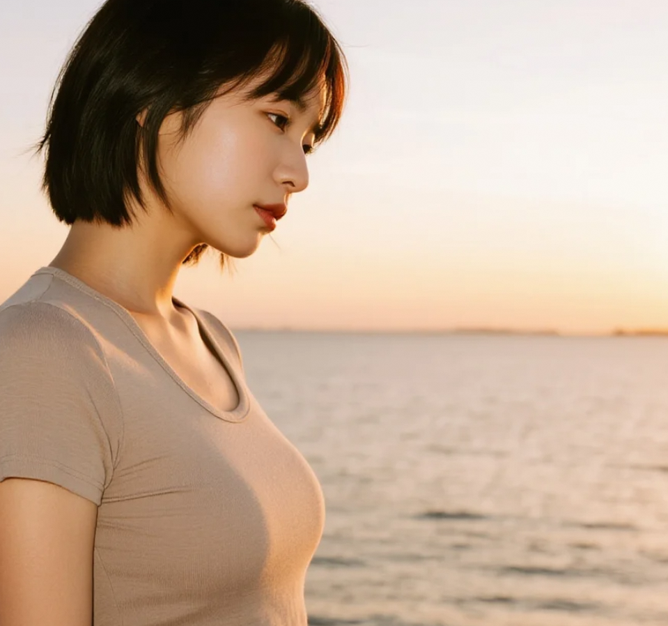 她站在海边，仿佛整个世界都安静了