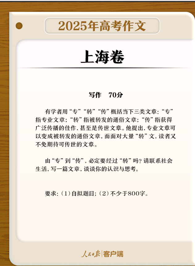 【上海卷】有学者用“专”“转”“传”概括当下三类文章：“专”指专业文章；“转”指