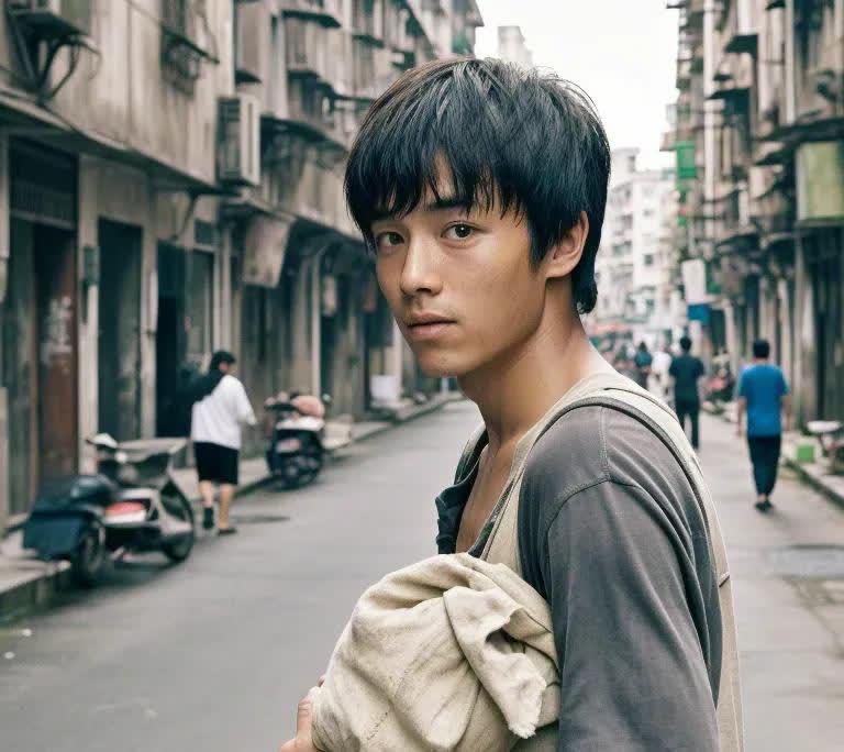 中午时分，我和孩子在路边用餐。我瞧见不远处站着一个男人，他的目光紧紧地盯着我们桌