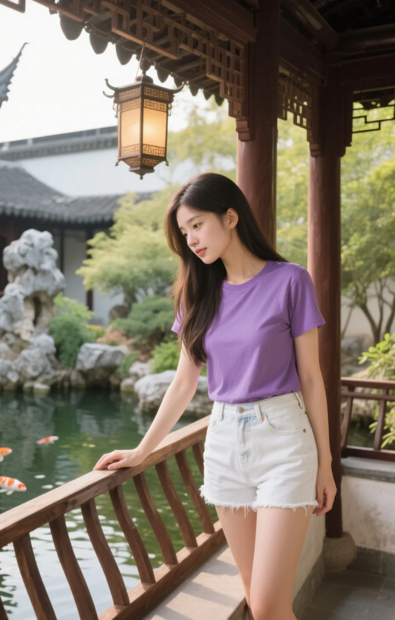水面浮光跃金，一如她发丝间流转的静谧光晕