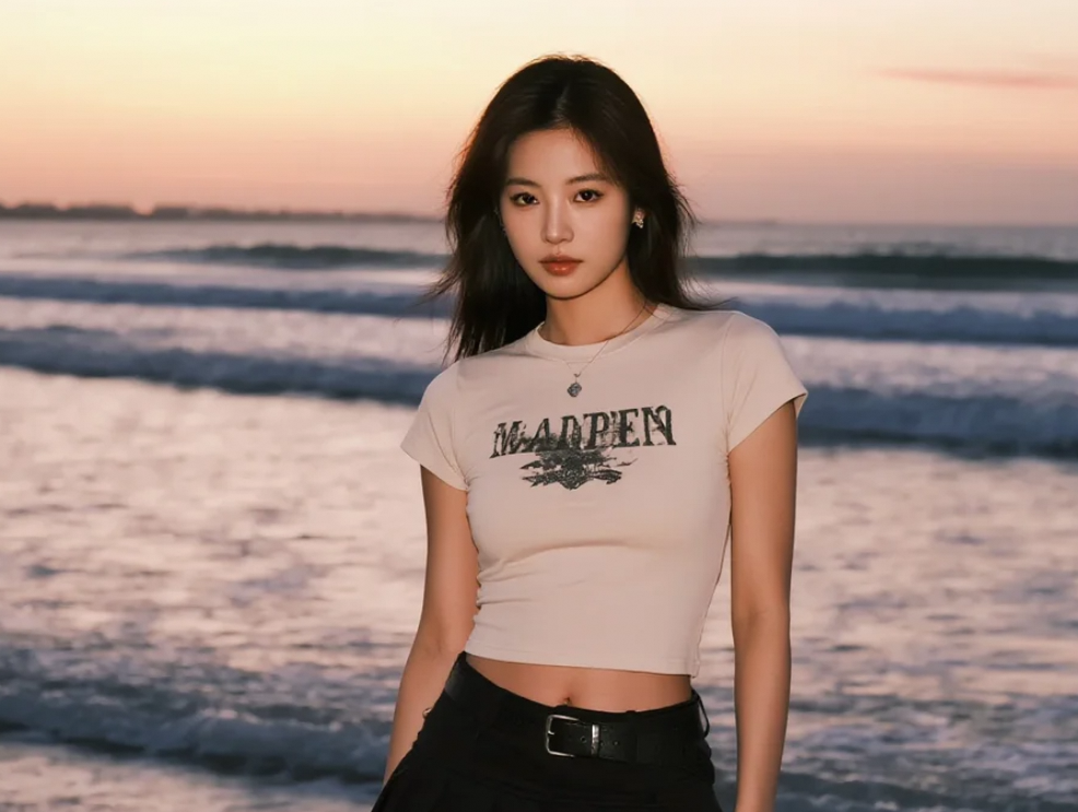 她在海边的落日中走来，步步生辉