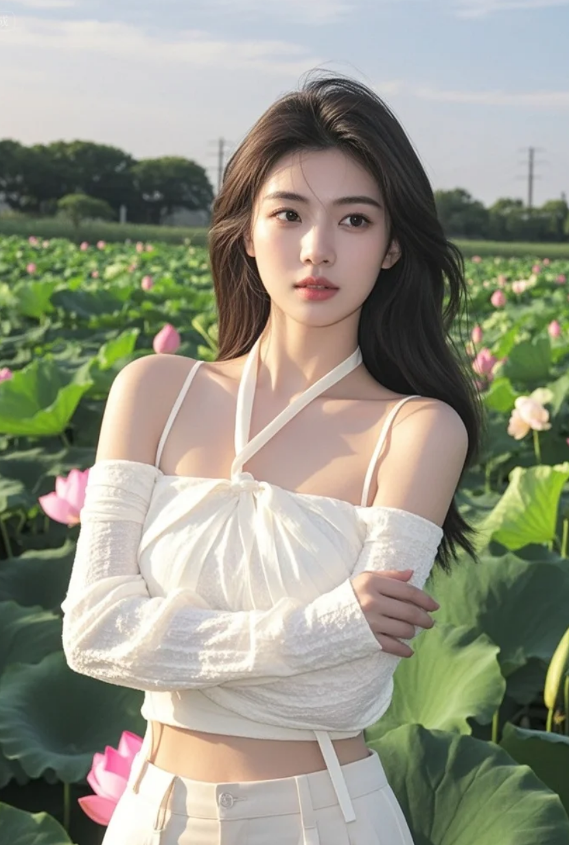 她立于荷塘，风过处，裙裾与荷叶同漾，心事随露珠滑落。