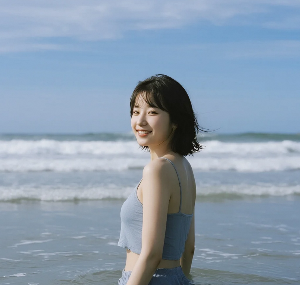 阳光洒满海岸线，她是最美的夏日剪影