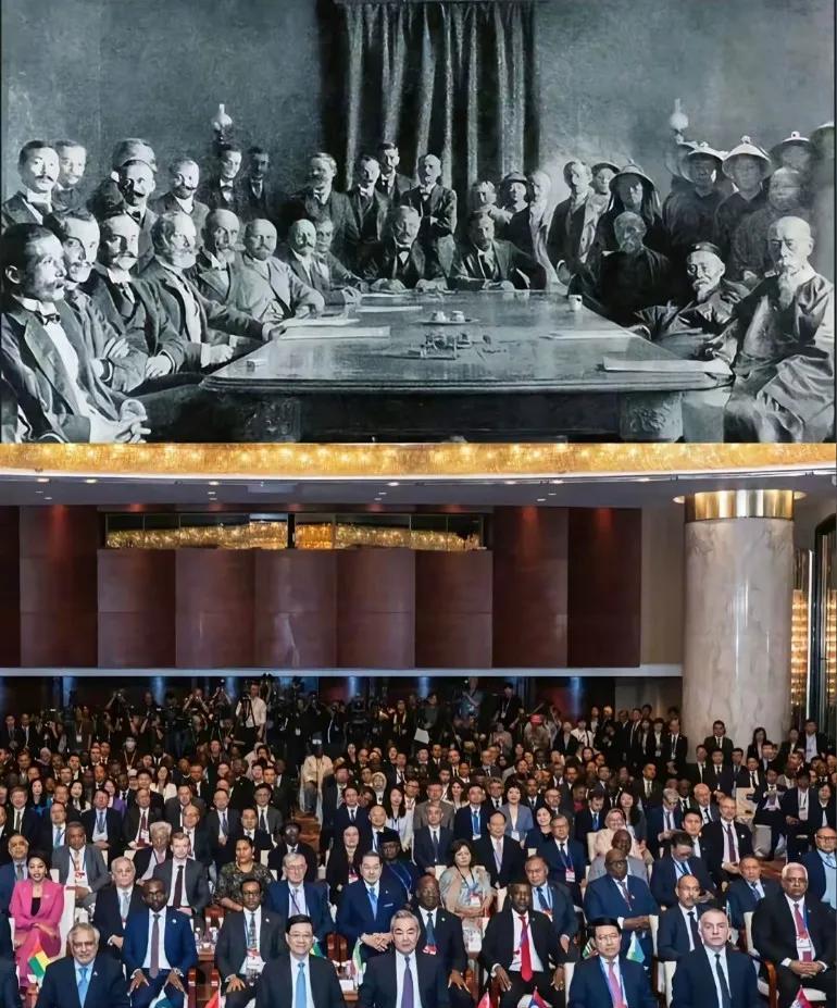 百年前屈辱条约桌前，弱国无奈任宰割，百年后国际调解院内，大国自信谋共赢
列强永远