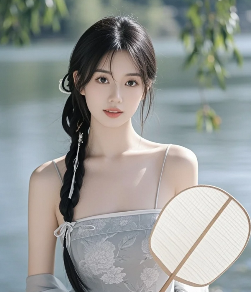 她走过湖畔，扇子轻摇，仿佛自带仙气