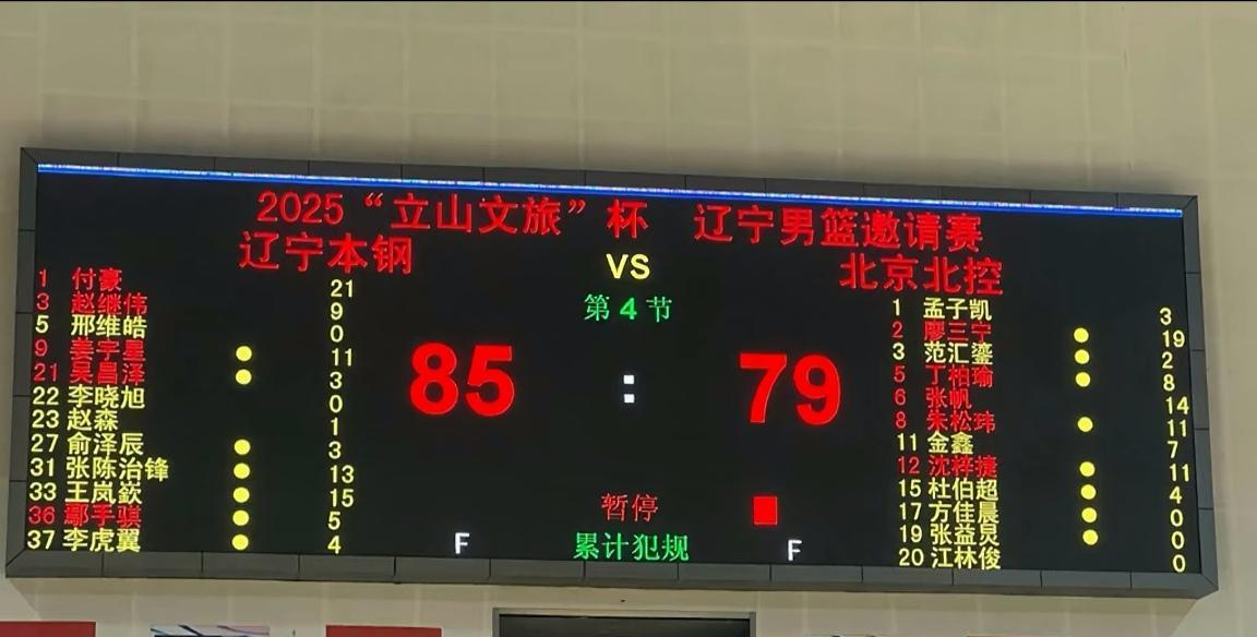 辽宁男篮邀请赛鞍山站战罢，辽宁对北控，杨鸣对张庆鹏少帅对决，辽宁85-79先拔头