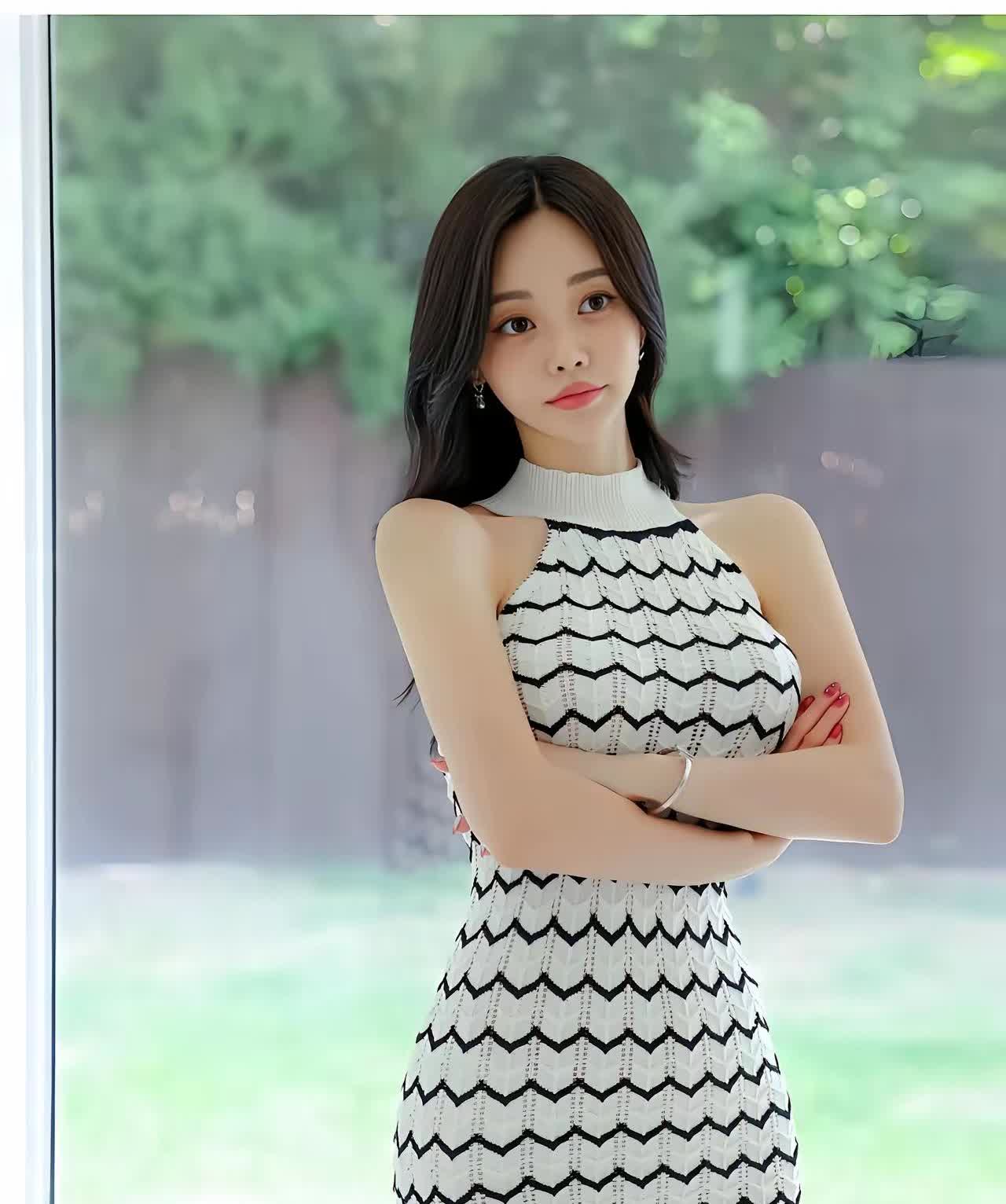 孙允珠黑白条纹连衣裙，简约优雅，气质满分！