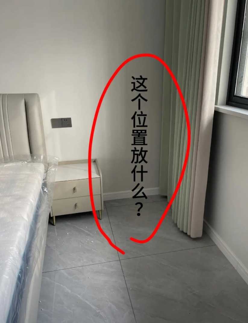老公买的新房，卧室太大了，除了安个2米3的床了以外，床头柜两边还剩这么宽，能放点
