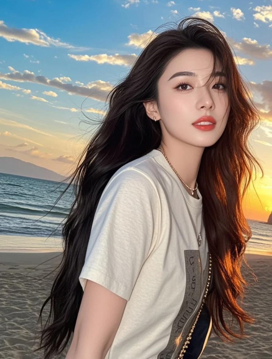 长发飞扬，活力满格的海边漫步