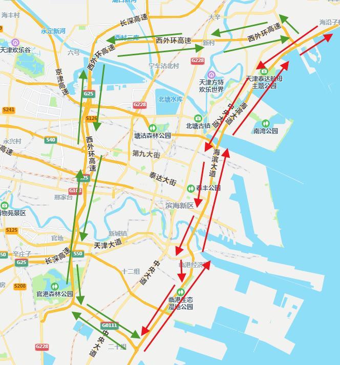 海滨大道车流量大，大卡车太多，导致堵车。  这已经成为滨海新区居民的共同困扰。 
