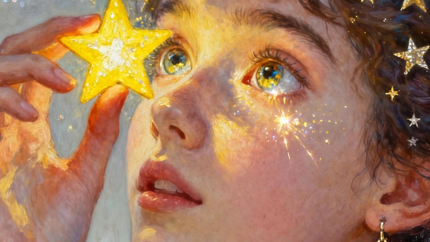 卷发丝间缀满星星、眼眸漾着碎光的梦幻画作