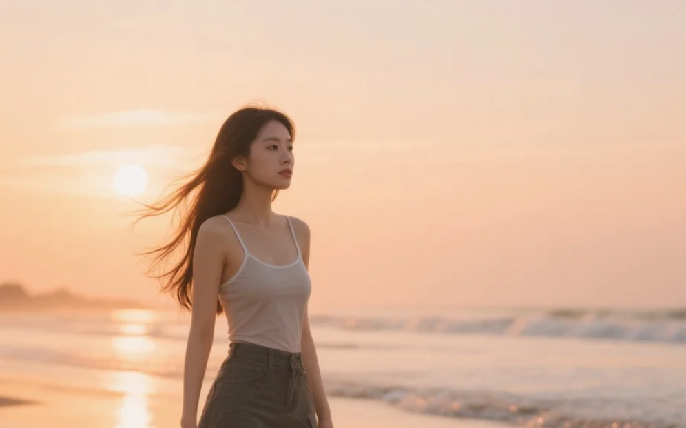 她和夕阳下的海岸线，共同绘制了一幅绝美画卷