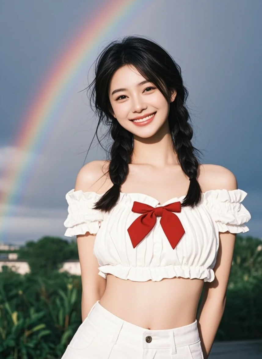 雨水洗净铅华，彩虹为幕，她便是天地间最纯粹的色彩。