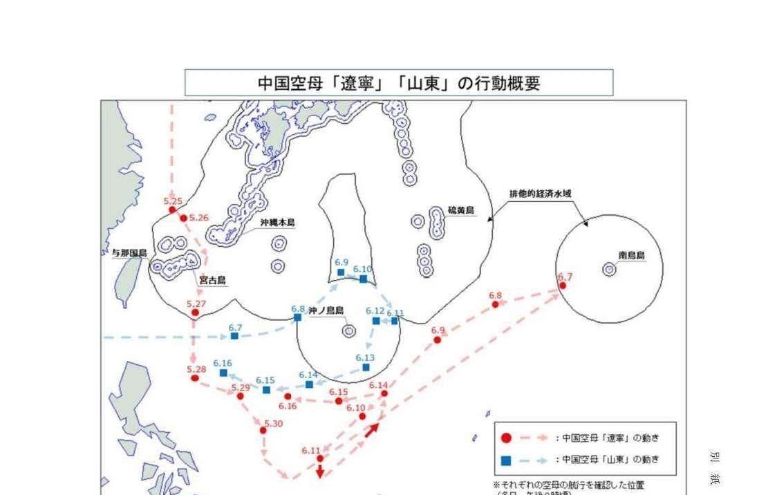 日本防卫省在16日公布中国海军双航舰在西太平洋的动态，辽宁号和山东号航舰目前分别