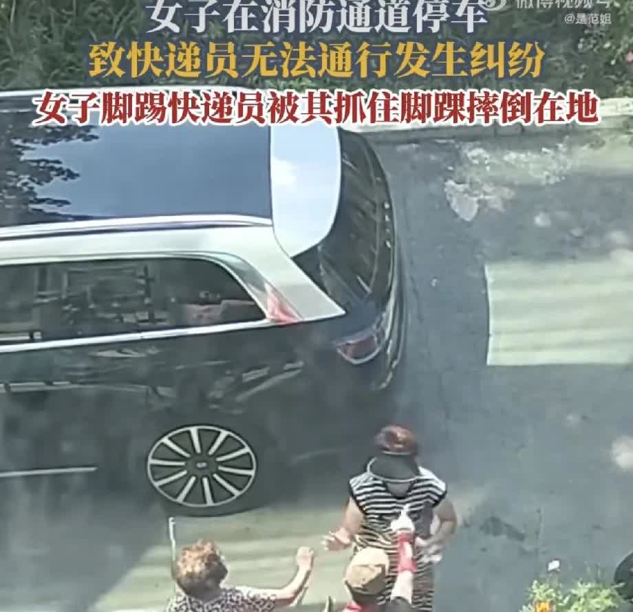 一般人还真做不到!目无王法的具象化一幕!一女子将车停在消防通道，还殴打快递员。结