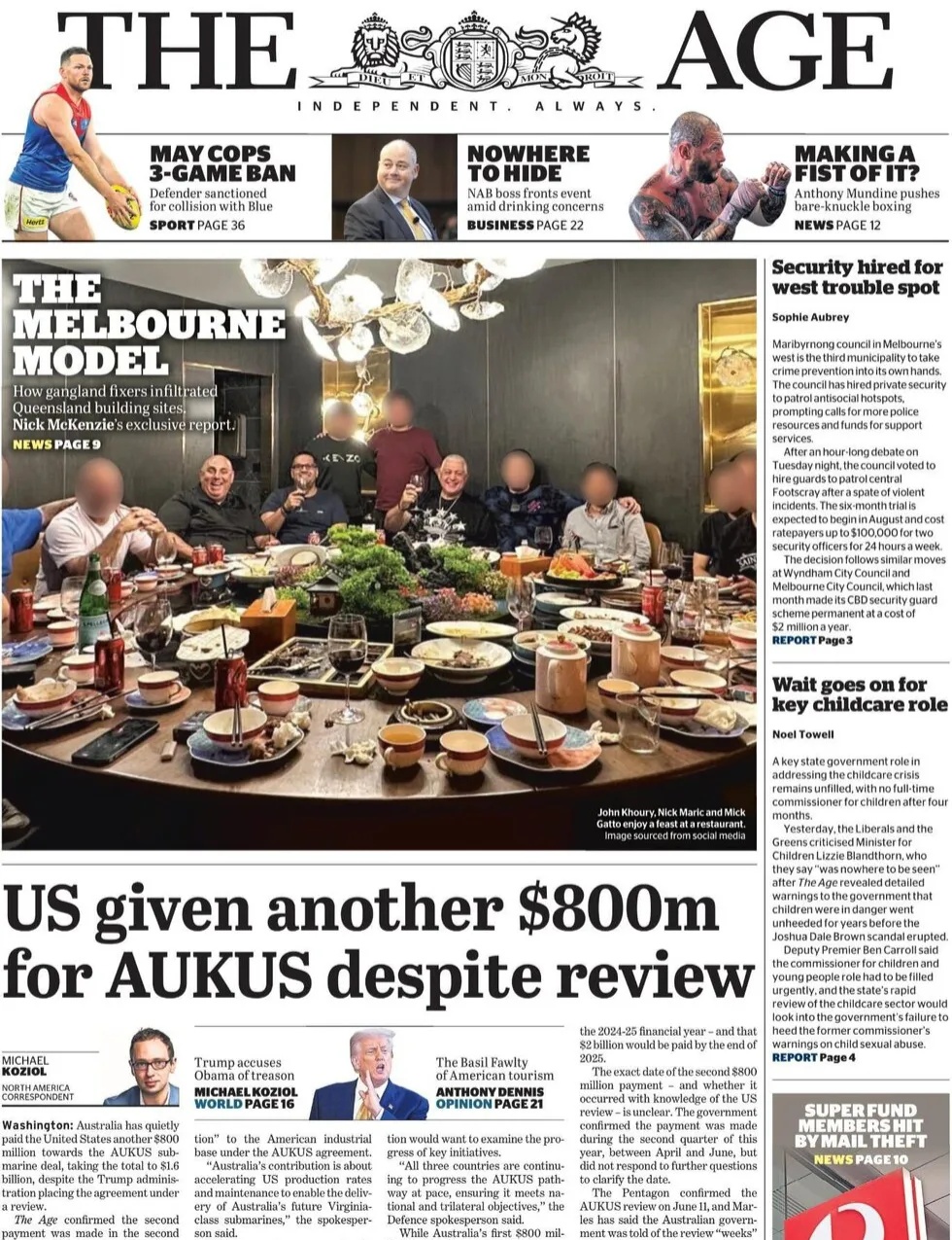 澳大利亚《时代报》头版称，照片显示，澳洲的黑社会操纵者已经渗透到地方昆士兰州建筑