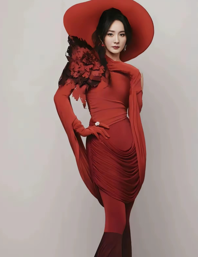 杨幂一身酒红紧身裙亮相，
宽檐大帽压着眉眼，
肩头一朵黑红玫瑰，
像从复古油画里