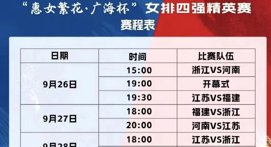 中国女排广海杯女排四强精英赛，将于明天26号下午三点进行。参赛队伍江苏女排，河南